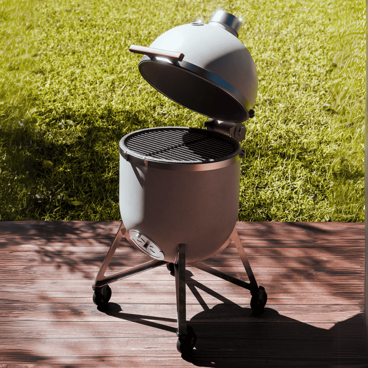 Der Compadre Grillofen auf einer luxuriösen Terrasse vor einer Berglandschaft im Close-Up